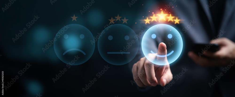 Aufkleber businessman using smartphone and pushing smile button for the best evaluation and clients excellent 
