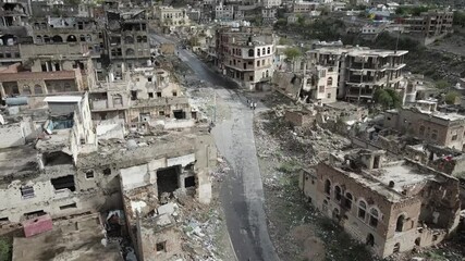 Aerial photography of houses destroyed due to the violent war in Taiz, Yemen