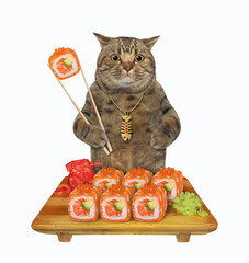 A beige cat is eating sushi with chopsticks from a wooden tray. White background. Isolated.