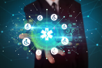 Hand holding healthcare icons concept