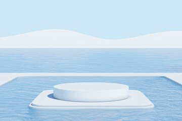 Podium for packaging  landscape sea presentation and cosmetic, minimalist Mockup for  product display or showcase, 3D rendering.
