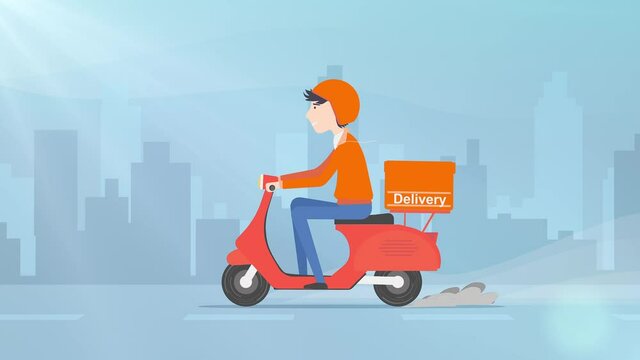 Delivery man riding scooter, Loop animation.