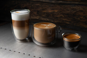 Three types of coffee, Cappuccino, Latte, espresso.