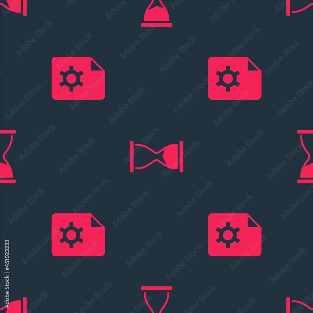 Poster set document settings and old hourglass on seamless pattern. vector