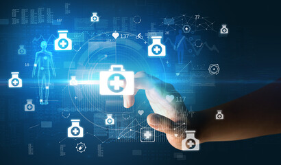 Doctor hand pressing futuristic health device with medical symbol on screen