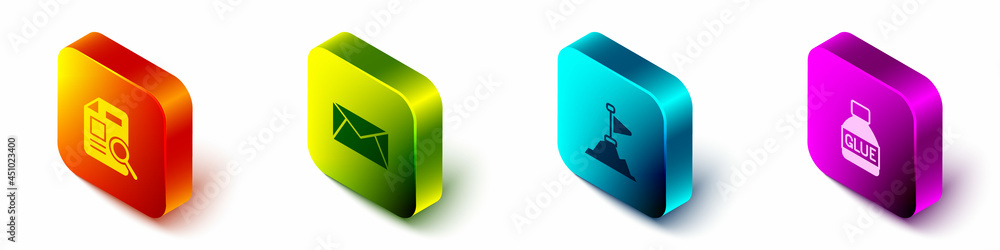 Poster set isometric document with graph chart, mail and e-mail, mountains flag on top and glue icon. vecto
