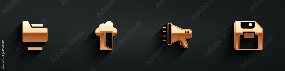 Poster set document folder, cloud database, megaphone and floppy disk icon with long shadow. vector