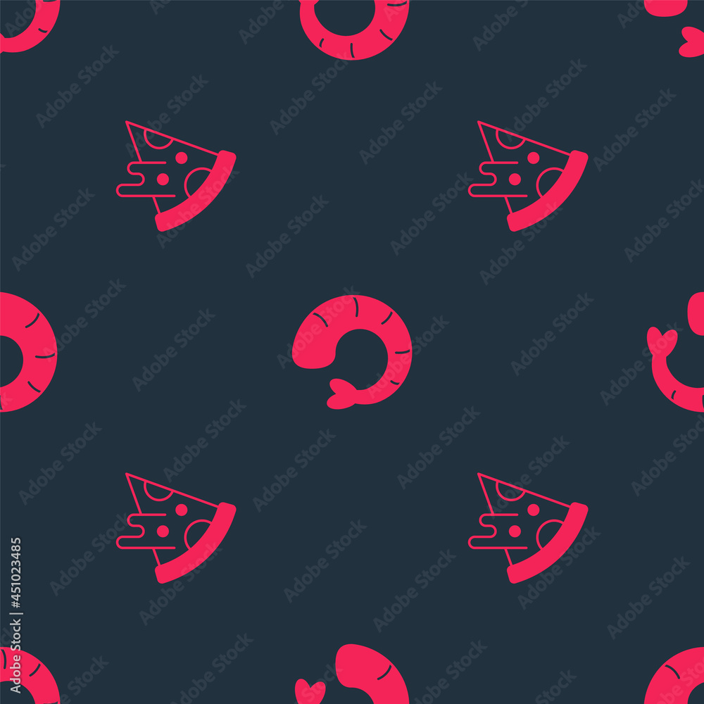 Poster set slice of pizza and shrimp on seamless pattern. vector
