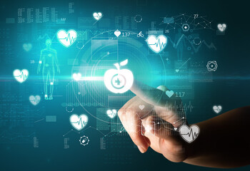 Doctor hand pressing futuristic health device with medical symbol on screen