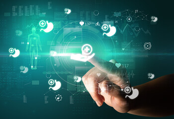 Doctor hand pressing futuristic health device with medical symbol on screen
