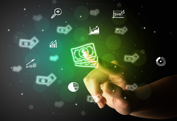 Businessman finger touching on screen multimedia interface with hand drawn currency icons