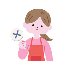 ばつ札を持った主婦A　上半身