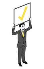 チェックマークを持つ笑顔の男性、3Dイラスト、ベクター