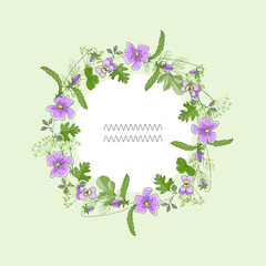 A wreath of beautiful and delicate flowers. Design for invitations and greeting cards.