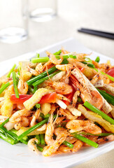 Delicious Chinese dish, fried river prawns with leek