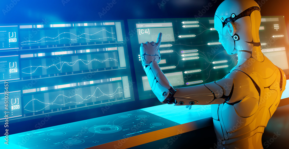 Poster future world digital technology android robot working replace human, 3d humanoid cyborg pointing fin