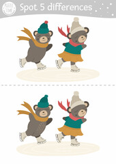 Find differences game for children. Winter educational activity with funny skating bears. Printable worksheet. Christmas holiday puzzle for kids. New Year preschool sheet.