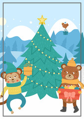 Vector winter forest background with cute animals, fir tree, snow. Funny woodland Christmas card or boor cover with bear, monkey, presents. Flat New Year vertical illustration for children..