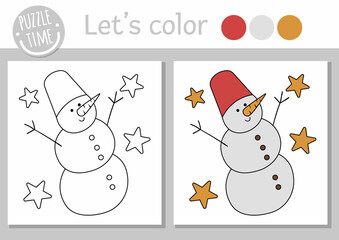 Christmas coloring page for children. Funny snowman. Vector winter holiday outline illustration with cute snow man and stars. New Year party color book for kids with colored example.