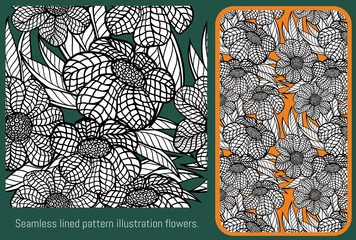 Seamless pattern lined illustration hand drawn art of flowers and leaves.