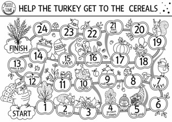 Thanksgiving Day black and white dice board game with cute turkey and forest animals. Autumn holiday line boardgame with pumpkin, harvest, trees. Fall outline activity or printable worksheet for kids