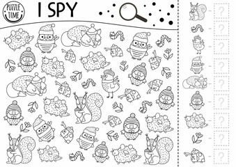 Autumn black and white forest I spy game for kids. Fall searching and counting line activity for preschool children with woodland animals, birds, insects. Funny printable worksheet or coloring page.