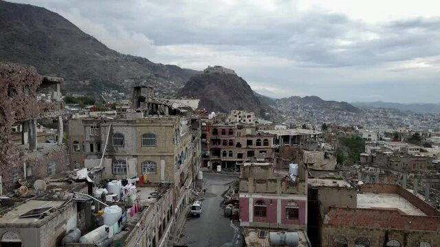 Drone of houses destroyed due to the violent war in Taiz, Yemen 2021 