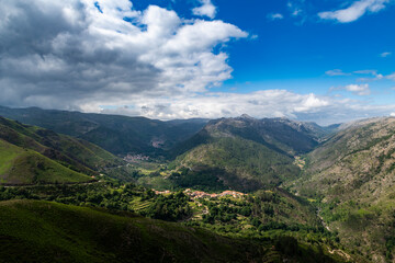 Fototapeta premium View of the small village of Tibo, with its traditional agricultural fields, at the Peneda Geres National Park, in Portugal.