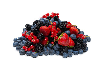 Blackberry, raspberry, blueberry,  red currant and mint background.