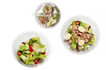 Fresh tuna salad with lettuce, cucombers, cherries and eggs in plastic container.