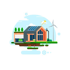 Eco home with backyard, front yard garage and electric vehicles. Colored cartoon drawing in a flat style. Vector illustration.