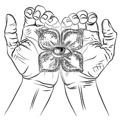 Fortune Teller hands or witch hands with all seeing eye. Mystic and occult symbols. Palmistry concept of spirituality, astrology and esoteric concept. Magic black ink tattoo flash idea. Vector