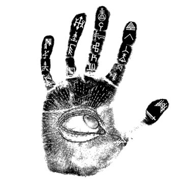 Fortune teller hand print with magic symbols. Palmistry with all seeing eye. Magic alchemy spirituality symbol. Hand drawn sketchy palm reading with mystic and occult hand drawn esoteric eye. Vector.