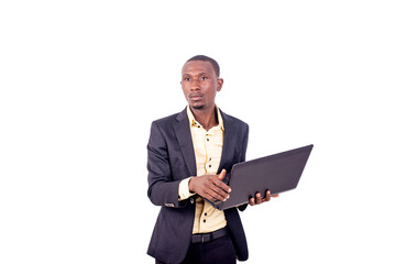 young serious businessman working with laptop computer.