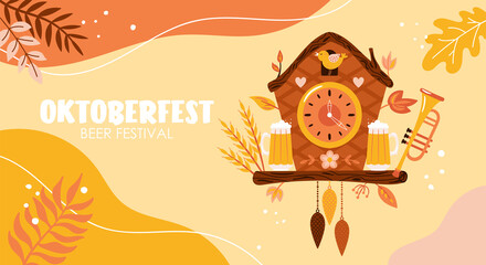 Oktoberfest banner deaign with cute cuckoo clock and fall leaves. Autumn background template for social media, poster and greeting card