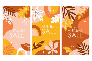 Fototapeta na wymiar Autumn season abstract background set with fall leaves and abstract shapes. Modern template for social media and art decor
