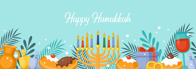 Fototapeta na wymiar Hanukkah holiday banner design with menorah, sufganiyot and spinning top. Background template for social media, greeting card and poster