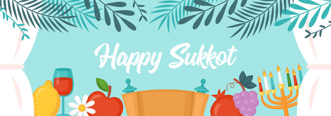 Jewish Holiday Sukkot banner design. Background template for greeting card, poster and invitation