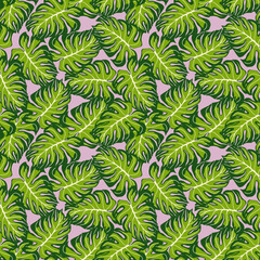 Random decorative green monstera leaves seamless pattern. Lilac background. Palm print.