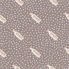 Nautical seamless pattern with doodle bottle with message print. Beige background with dots. Simple print.