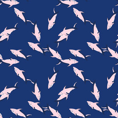 Pink colored shark ornament seamless doodle pattern in random style. Navy blue background. Cute print.