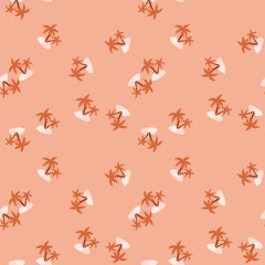 Summer seamless pattern with random little island and palm tree ornament. Pink background.