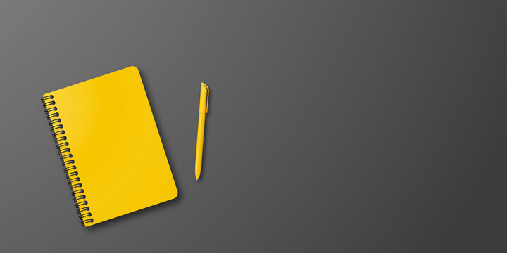 Closed yellow notebook and yellow ball-point pen black background with copy space for your image or text. Minimalist vector illustration as back to school background. Top view, flat lay.