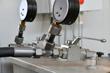 High pressure gauges at the hydraulic oil station.
