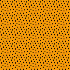 Polka Dot seamless pattern. Black irregular spots, various shape specks on orange background. Abstract Leopard Skin, Animal vector texture for fashion print design, textile, fabric, wrapping paper