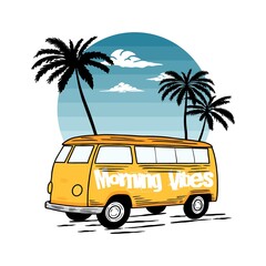 Classic Car Beach typography for t-shirt print with palm,beach and car.Vintage poster.