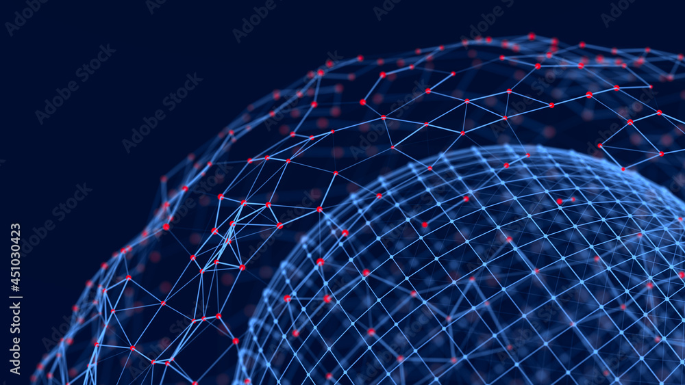 Poster abstract 3d sphere. mesh with points and lines on dark background. concept of network, internet comm