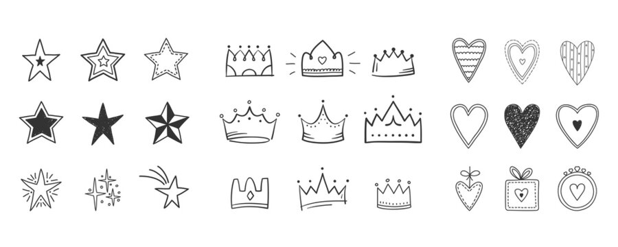 Set of hand drawn doodle objects - stars, crown and hearts