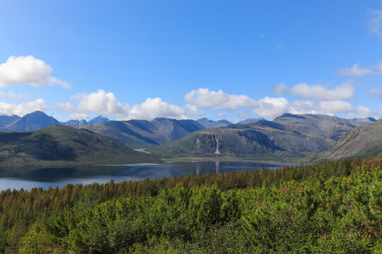 Sunny summer day at the Jack London lake, Magadan region, Russian Far East