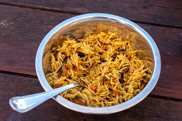 Rice with mussels eating out
